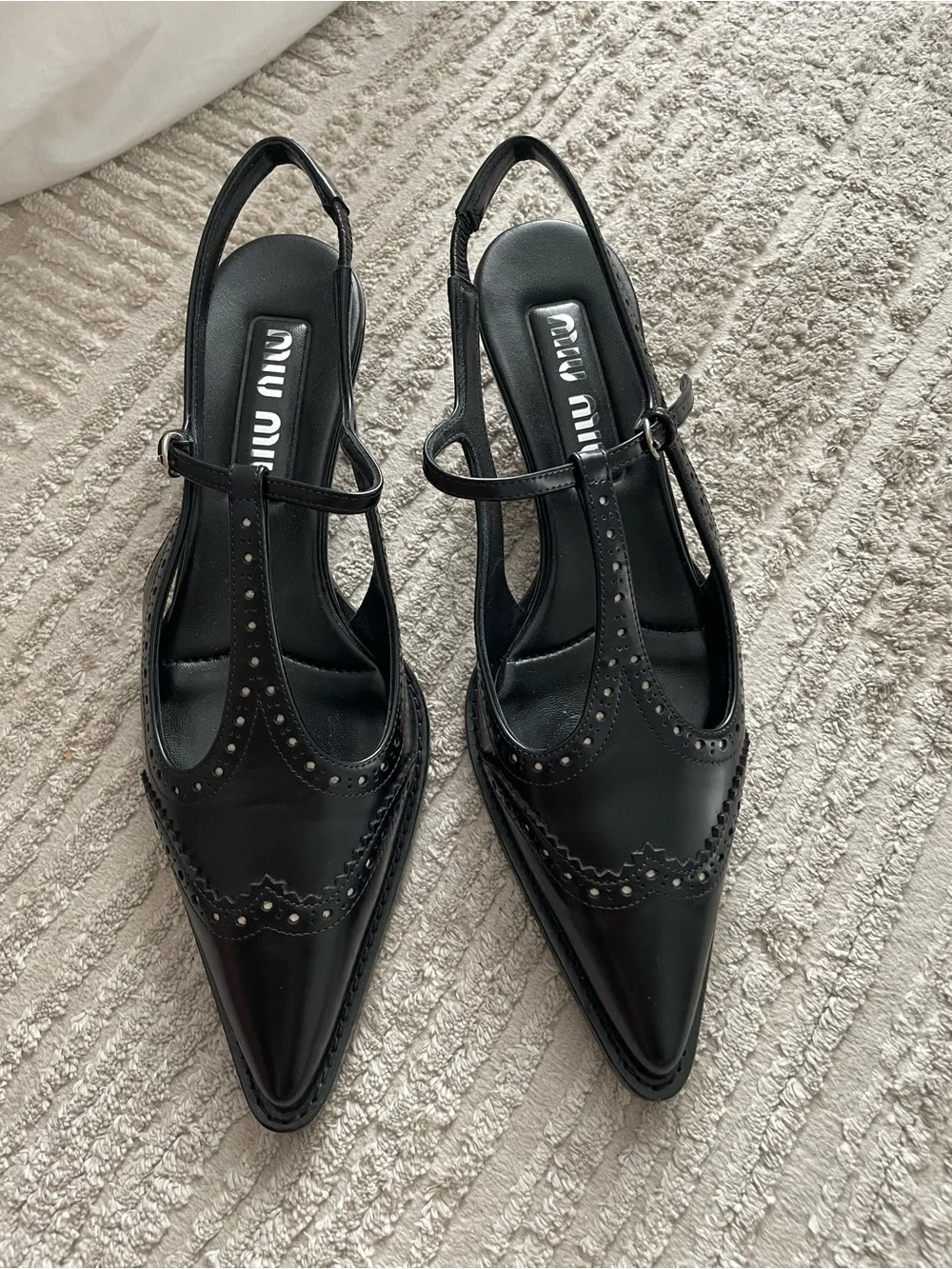 Miu Miu Brushed leather brogue slingback T-strap kitten heels